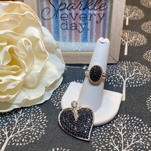 Elegant Sapphire and Silver Heart Pendant and Ring Set